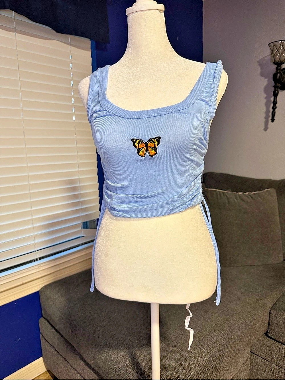 Blue Ruched Butterfly Tank Top Like New
